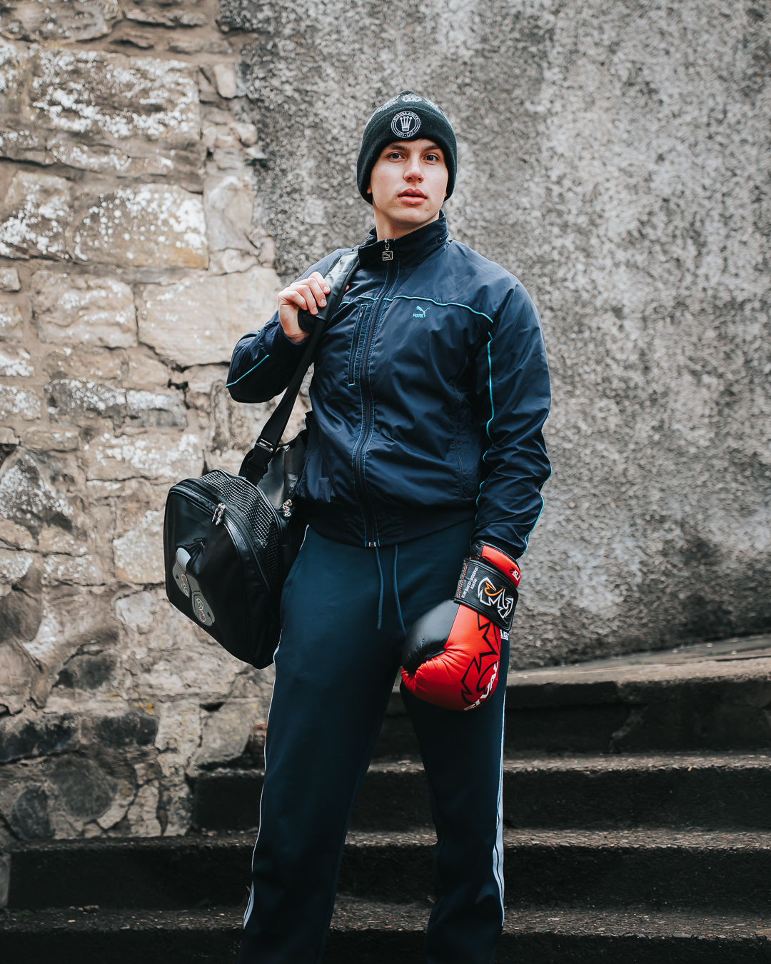 Sporty boxing shot with skipping rope on street steps near Granton Harbour, Edinburgh
